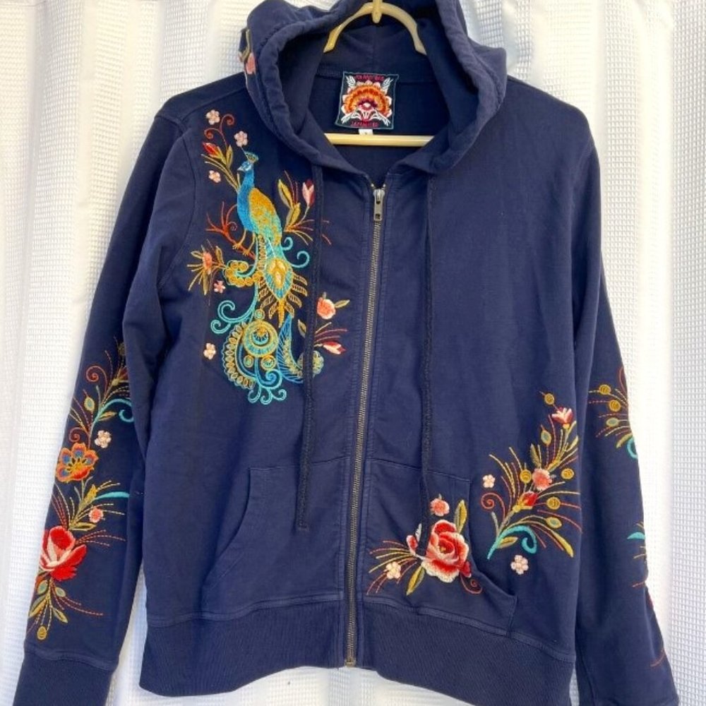 WOW!! Johnny Was Cotton Embroidered Floral Zipped Hooded Jacket Navy Size Small